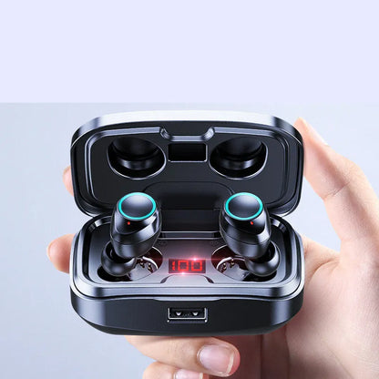 Wireless in-ear earphones with private mould design in black, blue, and red colour options showing Bluetooth connectivity