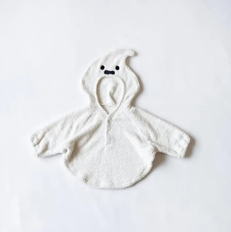 Baby wearing festival-themed plush top with hood and long sleeves in fleece fabric