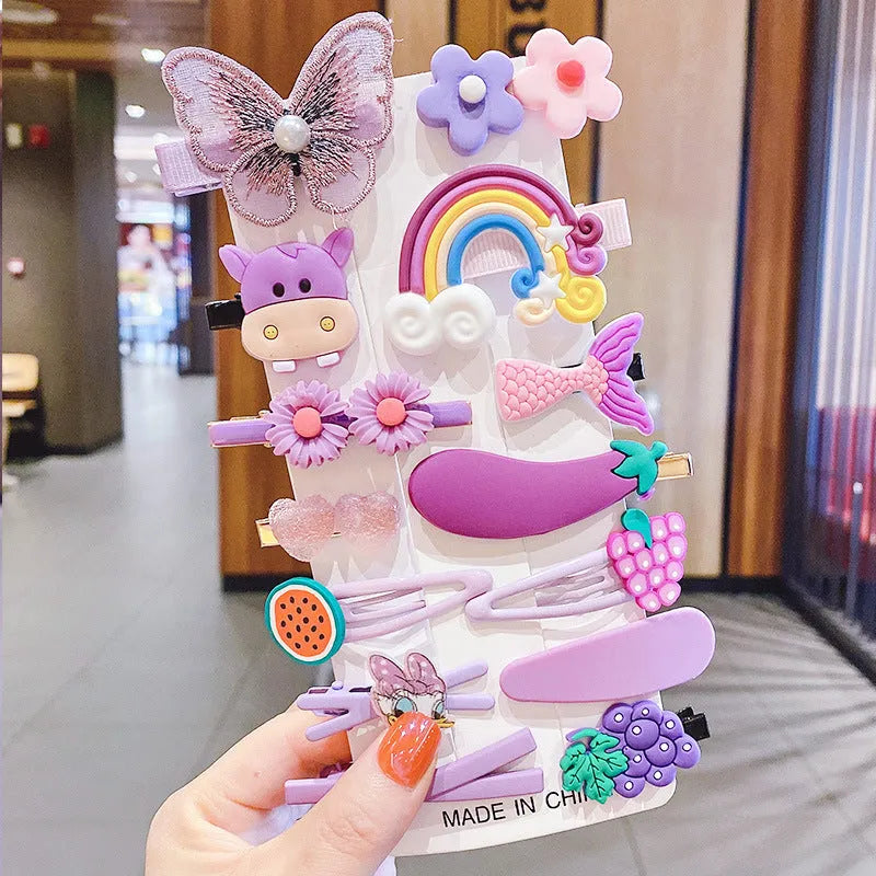 14-piece toddler hair accessories set showing colourful candy rainbow barrettes, fruit clips, and butterfly hair pins