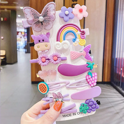14-piece toddler hair accessories set showing colourful candy rainbow barrettes, fruit clips, and butterfly hair pins