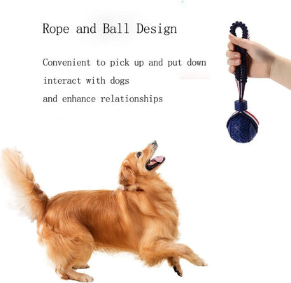 Blue dog ball with rope toy showing 6.5cm textured rubber ball attached to 29cm rope for dental cleaning and tug-of-war