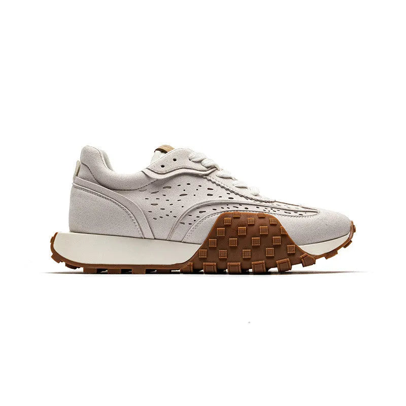 Grey retro thick-soled sneakers with non-slip rubber sole and breathable cloth microfiber leather upper