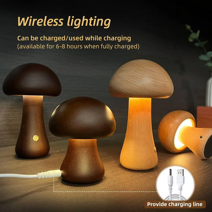 Wooden mushroom LED night light with touch switch, 165 x 100mm, in beech or walnut colour for bedside table use