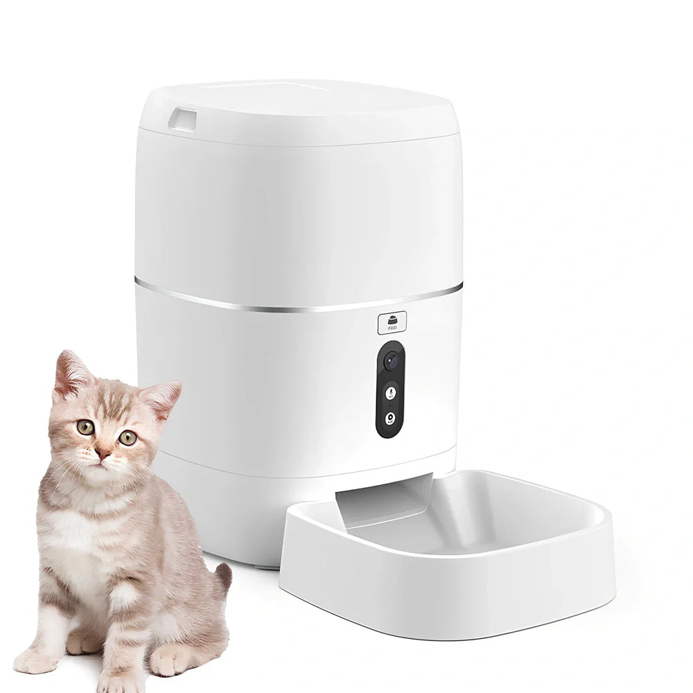 White ABS smart pet automatic feeder with video camera and 5kg food reservoir, dimensions 20.7cm base