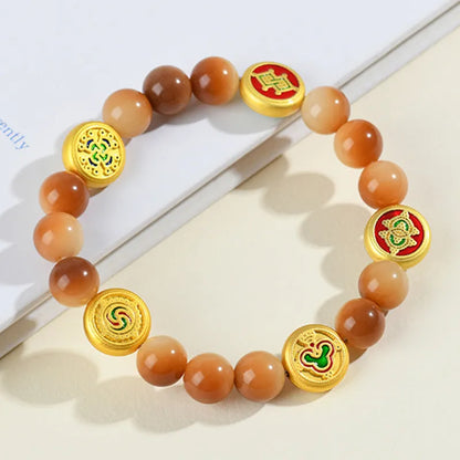 Yellow bodhi seed bracelet with five-direction geometric pattern, adjustable 14-17 inch length