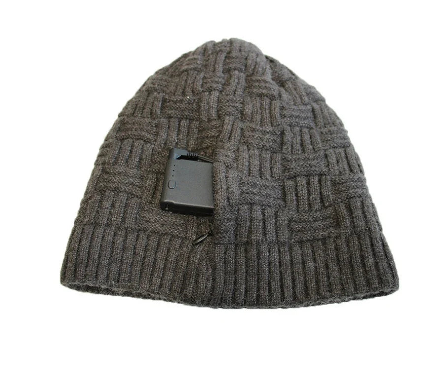 USB rechargeable heated fleece hat with adjustable temperature settings for outdoor activities like hiking, climbing, and fishing