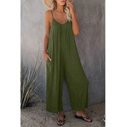 Women's sleeveless cotton blend jumpsuit with pockets in various colors