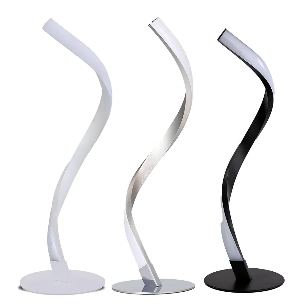 Spiral snake bedside table lamp in black with 390mm height, 140mm base, and three-colour dimming on UK plug
