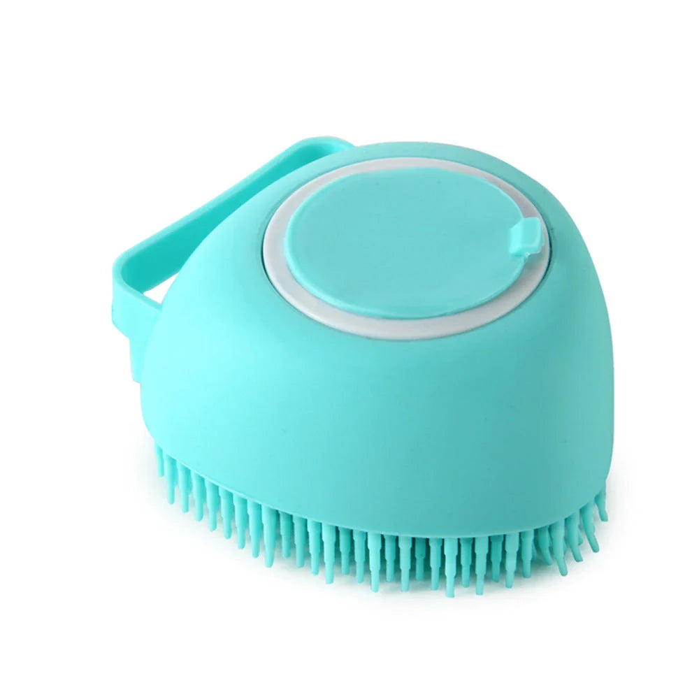 Silicone pet bath brush with shampoo dispenser, designed for gentle grooming and soothing massage