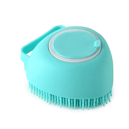 Silicone pet bath brush with shampoo dispenser, designed for gentle grooming and soothing massage