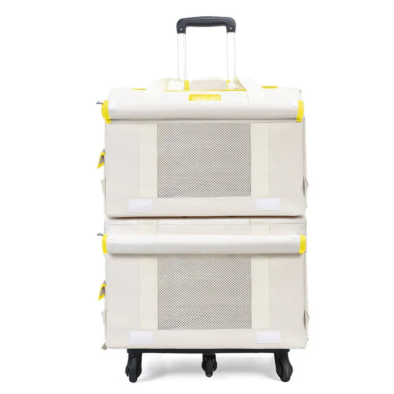 Double-deck pet trolley bag in nylon with 18L capacity for cats and small pets, shown in brown, green, white, or yellow