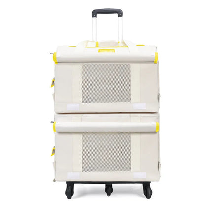 Double-deck pet trolley bag in nylon with 18L capacity for cats and small pets, shown in brown, green, white, or yellow