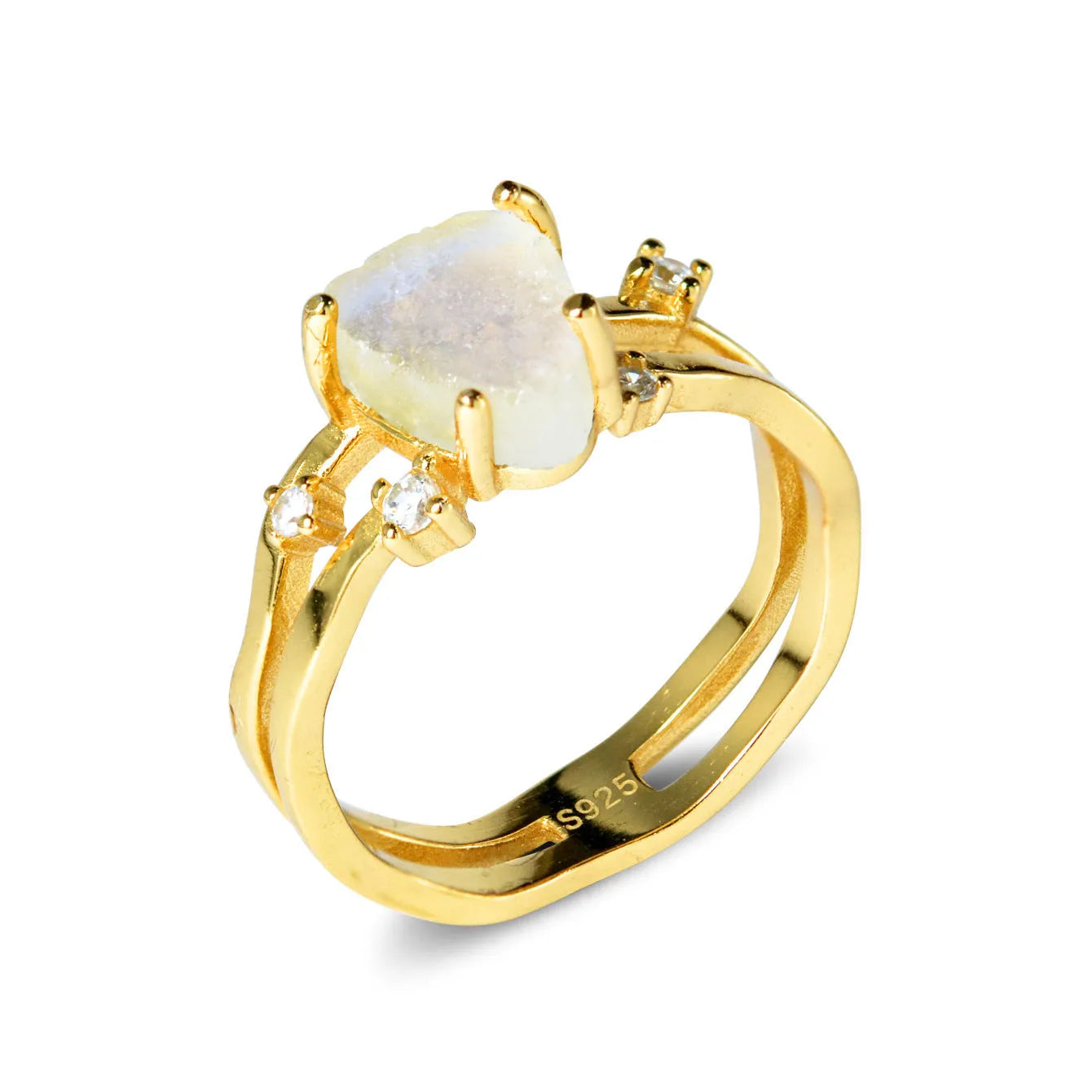 S925 sterling silver irregular triangle moonstone ring showing geometric design and 12mm gemstone centrepiece