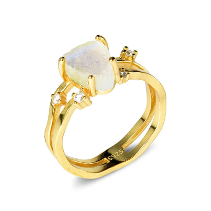 S925 sterling silver irregular triangle moonstone ring showing geometric design and 12mm gemstone centrepiece