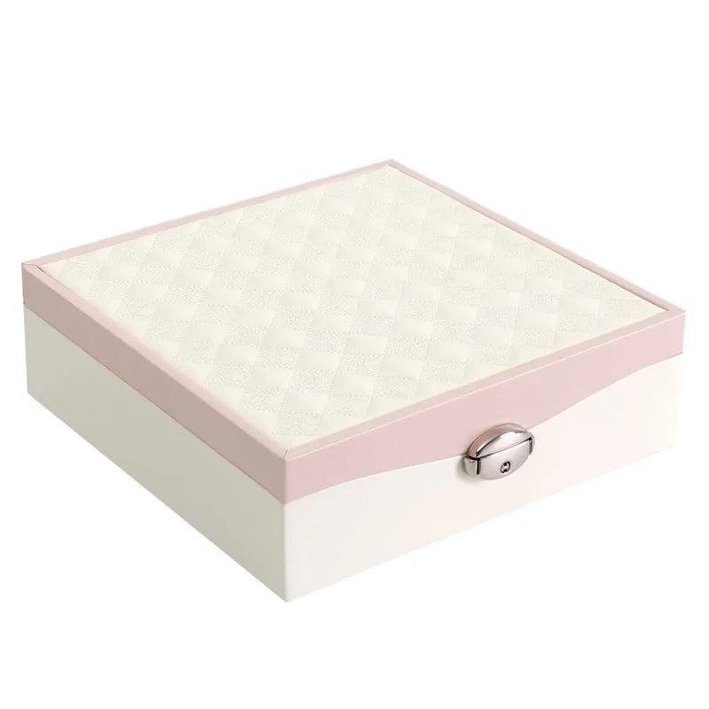 Red or white PU jewellery storage box with multiple compartments for necklaces and rings
