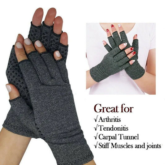 Grey half-finger joint compression gloves with silicone palm grips showing hand joint coverage