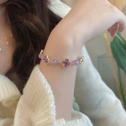 Artificial amethyst crystal bracelet with square amethyst circles and pearl four-leaf clover pendant on U-shaped electroplated band