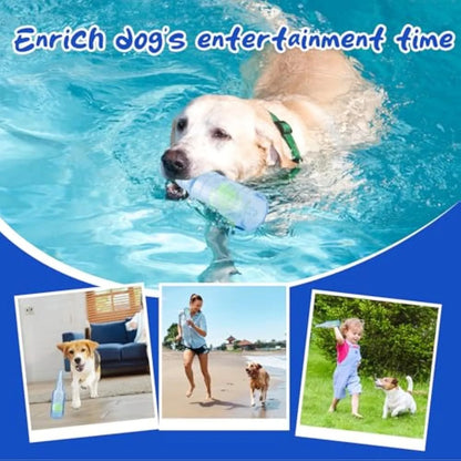 Blue natural rubber dog toy shaped like a water bottle with a squeaker tail, for aggressive chewers.