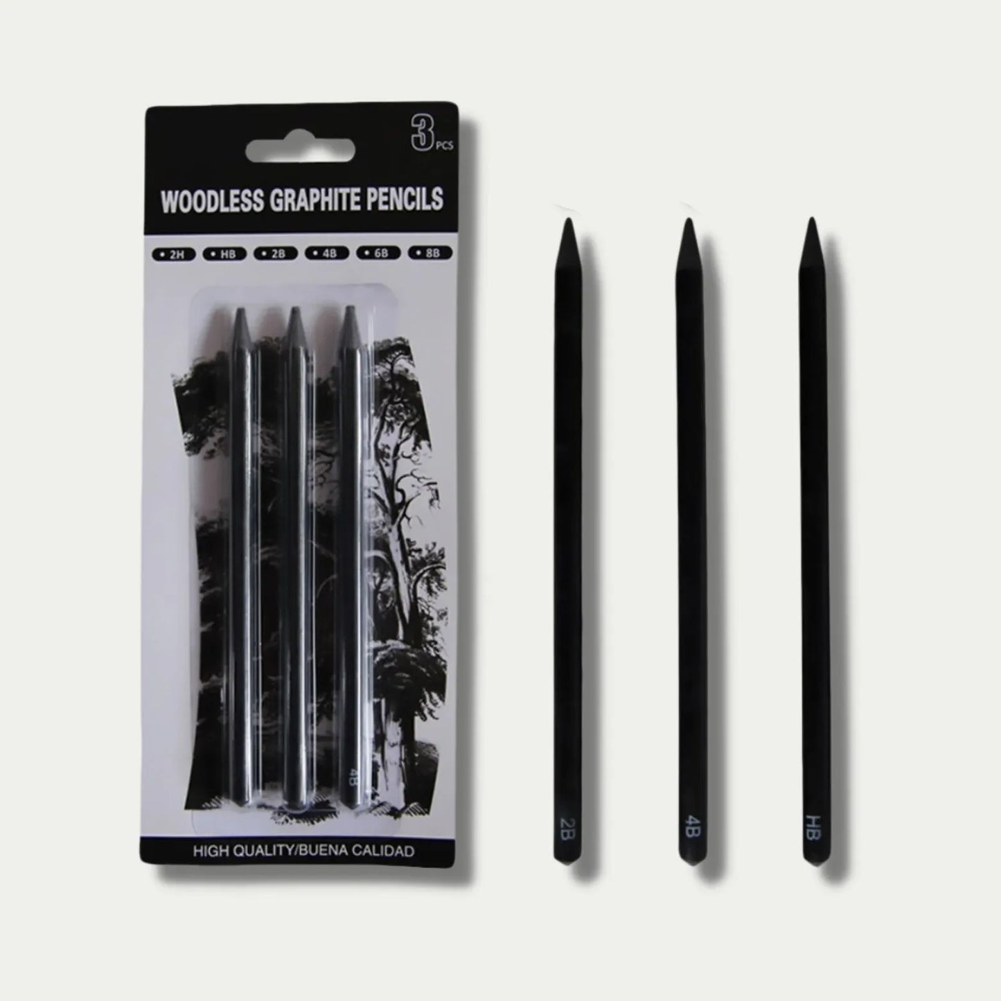 Wood-free graphite sketching pencils in six hardness grades: HB, 2B, 4B, 6B, 8B, EE with solid graphite cores
