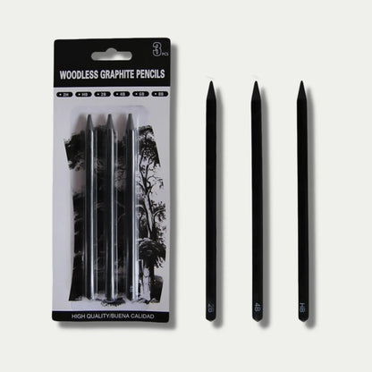 Wood-free graphite sketching pencils in six hardness grades: HB, 2B, 4B, 6B, 8B, EE with solid graphite cores