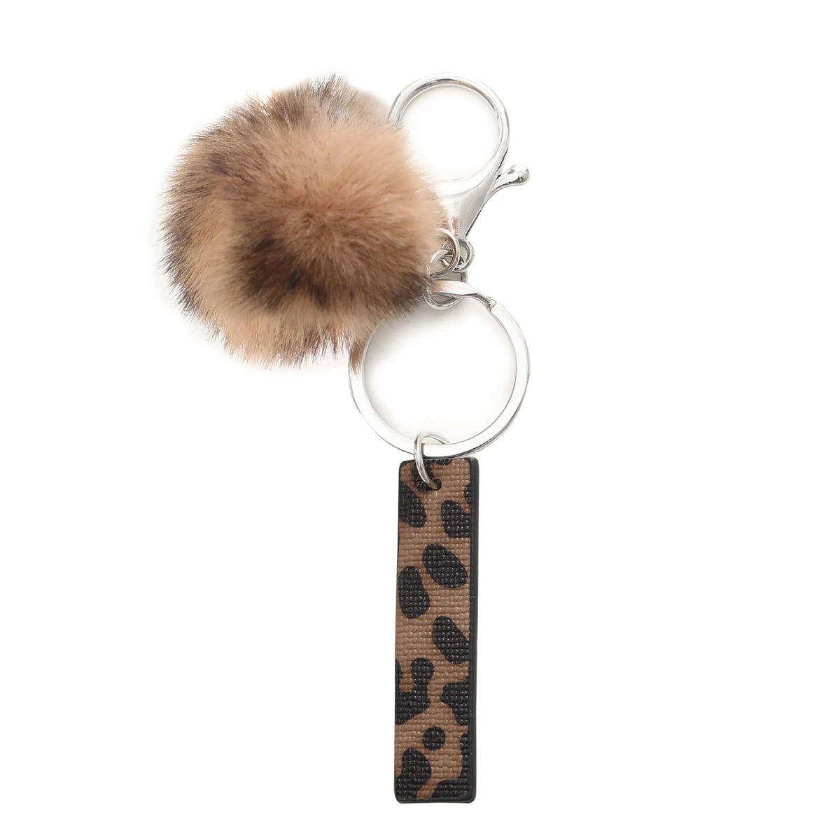 Leopard-print artificial leather keychain with oil-edged acrylic letter and included key ring, retro style