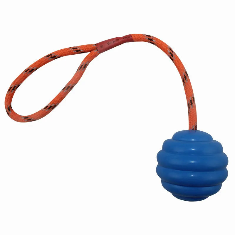 Rubber dog chew toy ball in assorted colours showing 6cm diameter and 30cm length