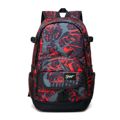 Blue classic nylon backpack with multiple compartments and adjustable straps, shown with laptop sleeve