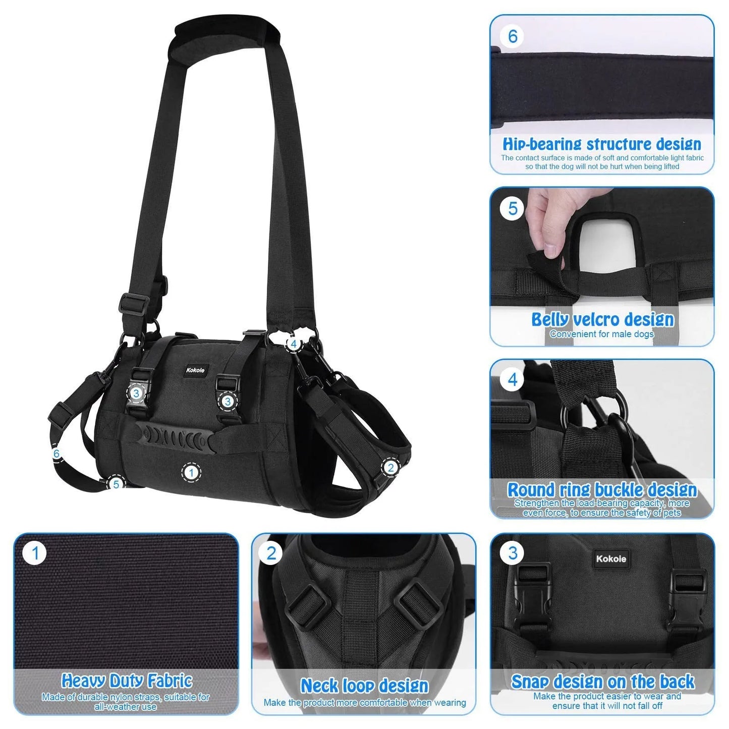 Black Oxford cloth dog harness with leg support design and adjustable chest strap