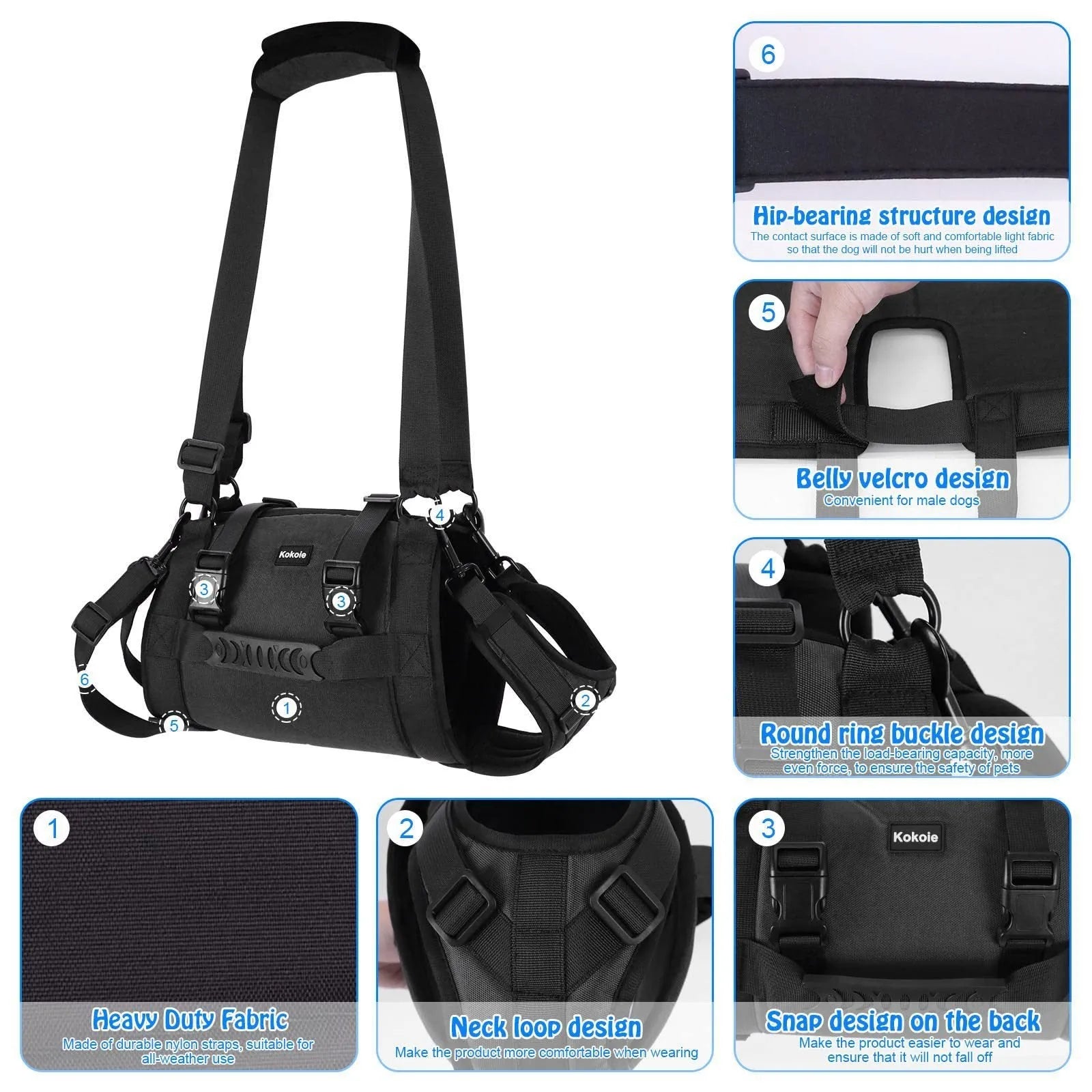 Black Oxford cloth dog harness with leg support design and adjustable chest strap