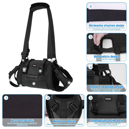 Black Oxford cloth dog harness with leg support design and adjustable chest strap
