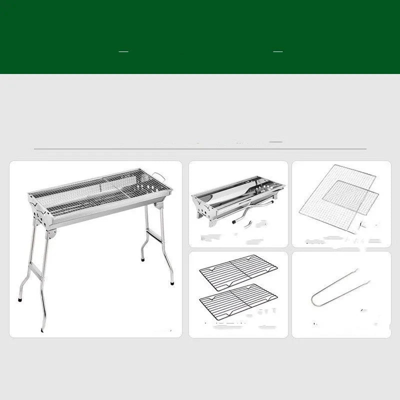 Stainless steel portable folding barbecue oven with 73cm wide grill surface for outdoor cooking