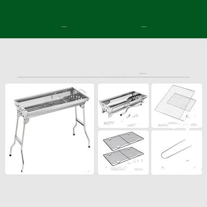 Stainless steel portable folding barbecue oven with 73cm wide grill surface for outdoor cooking