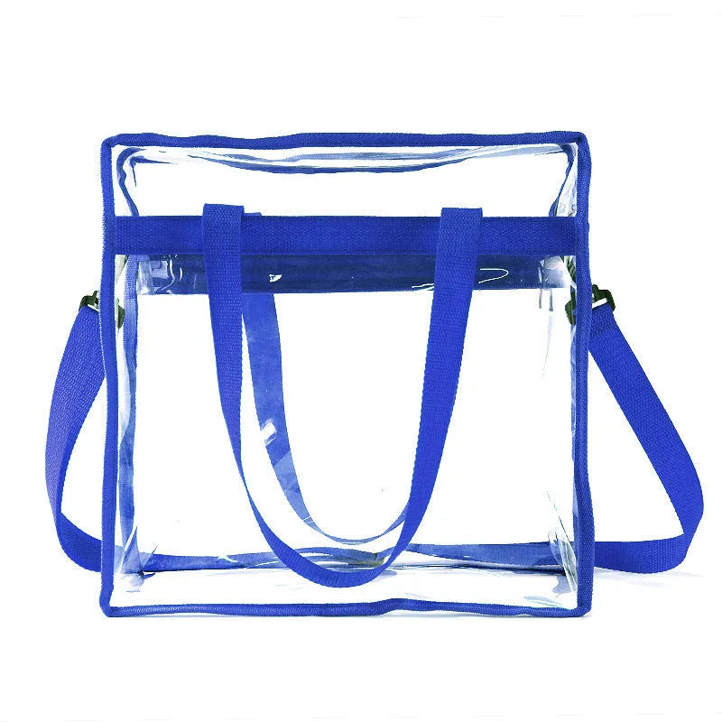 Women's PVC transparent shoulder messenger bag showing clear front panel with colour options and dual strap design