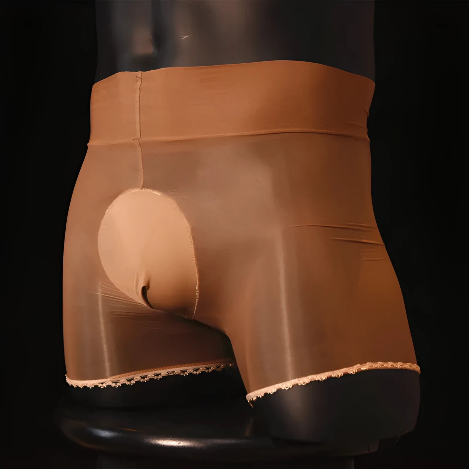 Men's shiny transparent stockings underwear with U-shaped design in nylon fabric