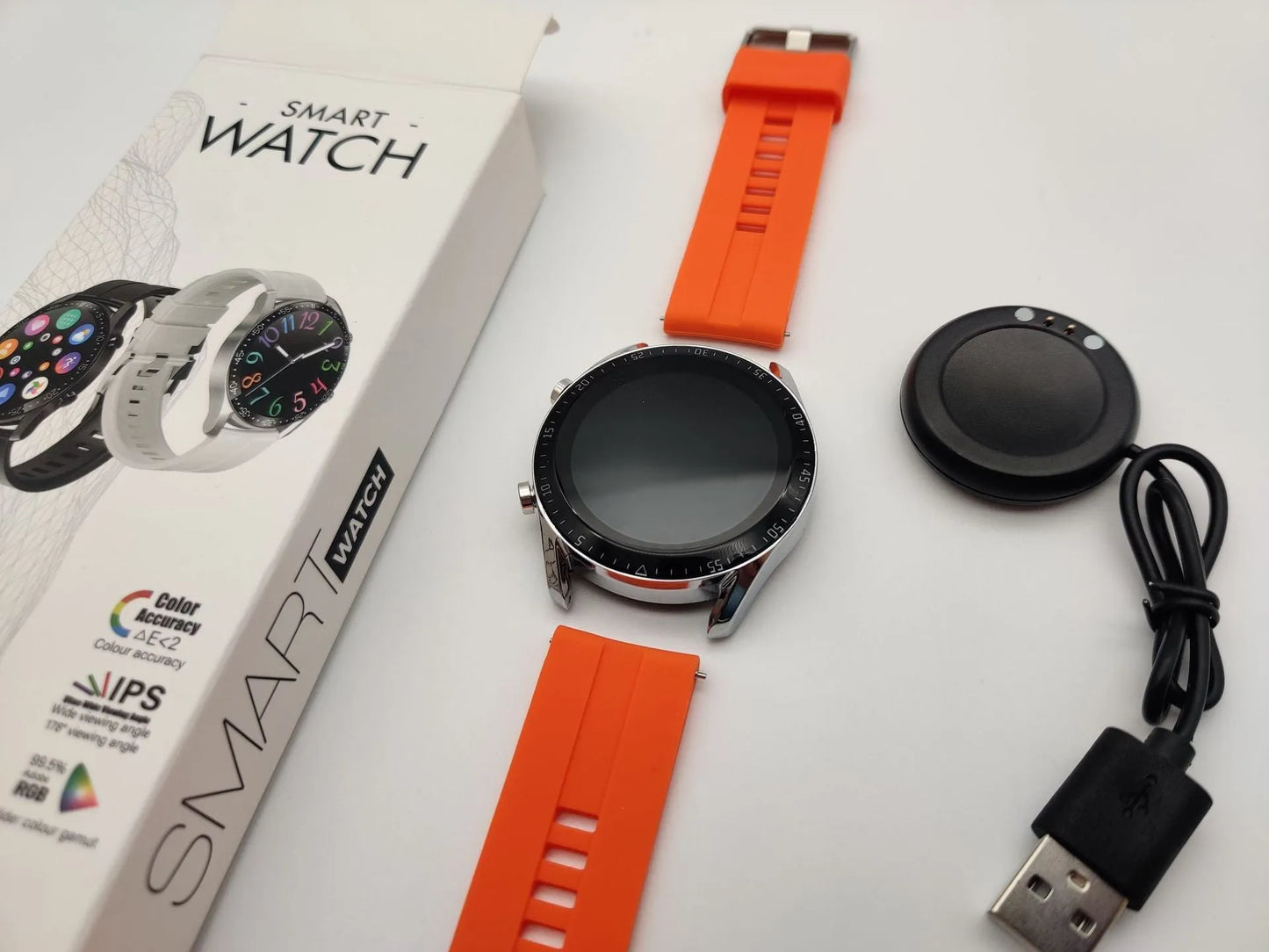 Round smartwatch with aluminium alloy case on wrist, showing interface with heart rate data.