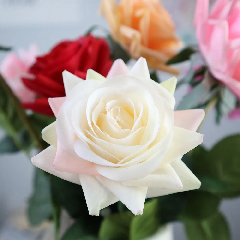 Artificial silk touch rose with fabric petals, approximately 42cm long, in a selection of colours