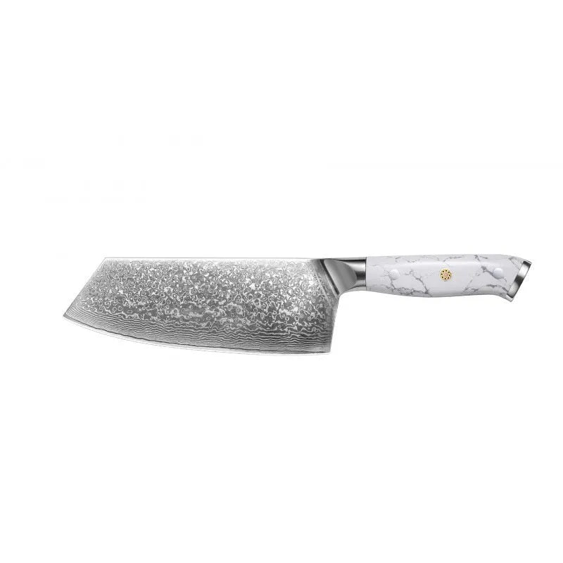 Damascus pattern chef's knife with a 21cm blade and dark handle on a wooden cutting board.