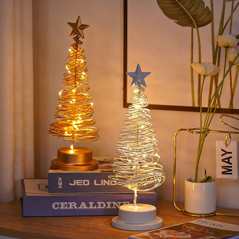 Wrought iron Christmas tree LED table light with battery operation and warm white illumination