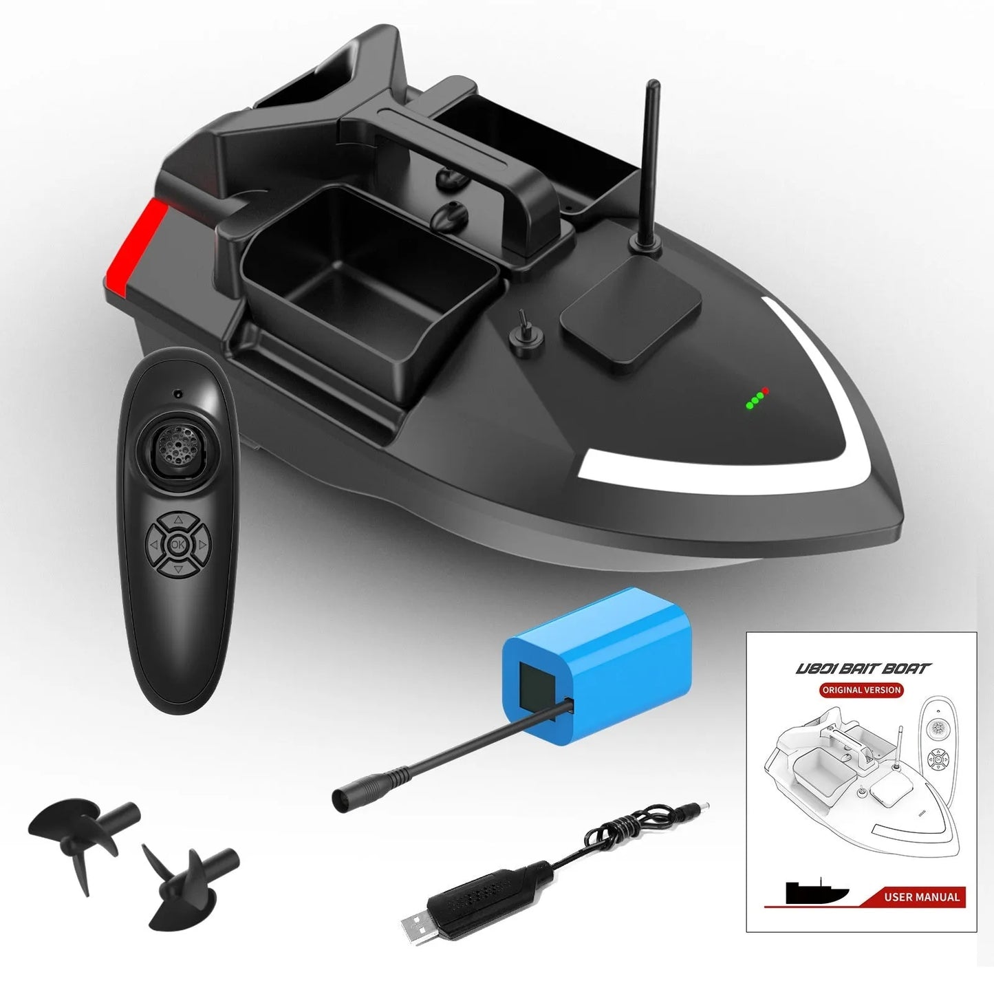 GPS remote control fishing boat with LED lights, measuring 49cm long, for bait placement and night fishing