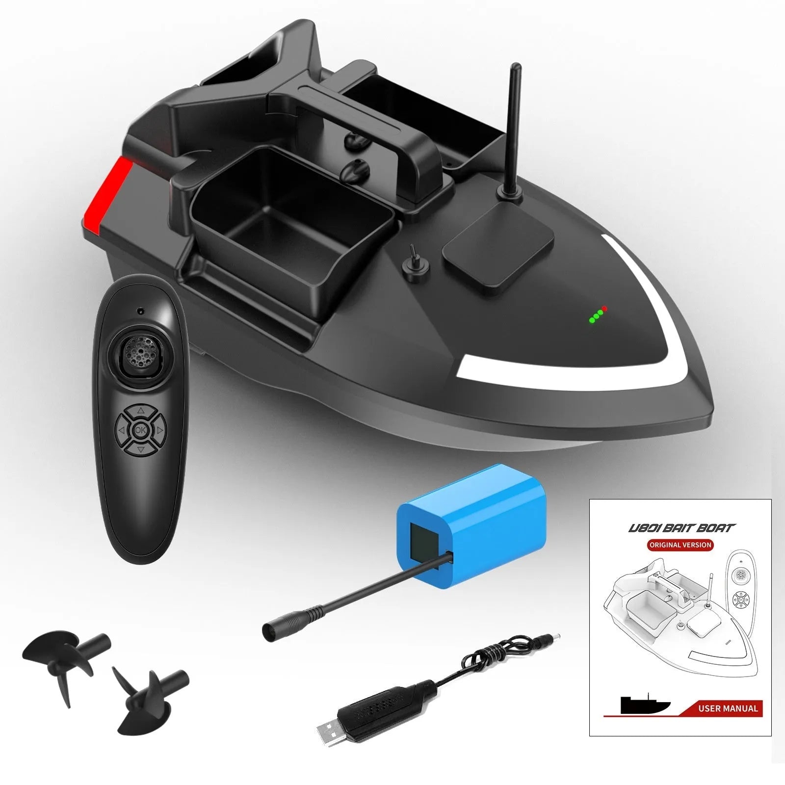 GPS remote control fishing boat with LED lights, measuring 49cm long, for bait placement and night fishing