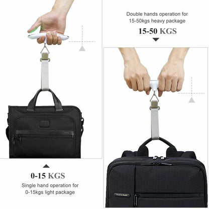 Silver digital luggage scale with LCD display showing weight measurement and integrated hanging belt