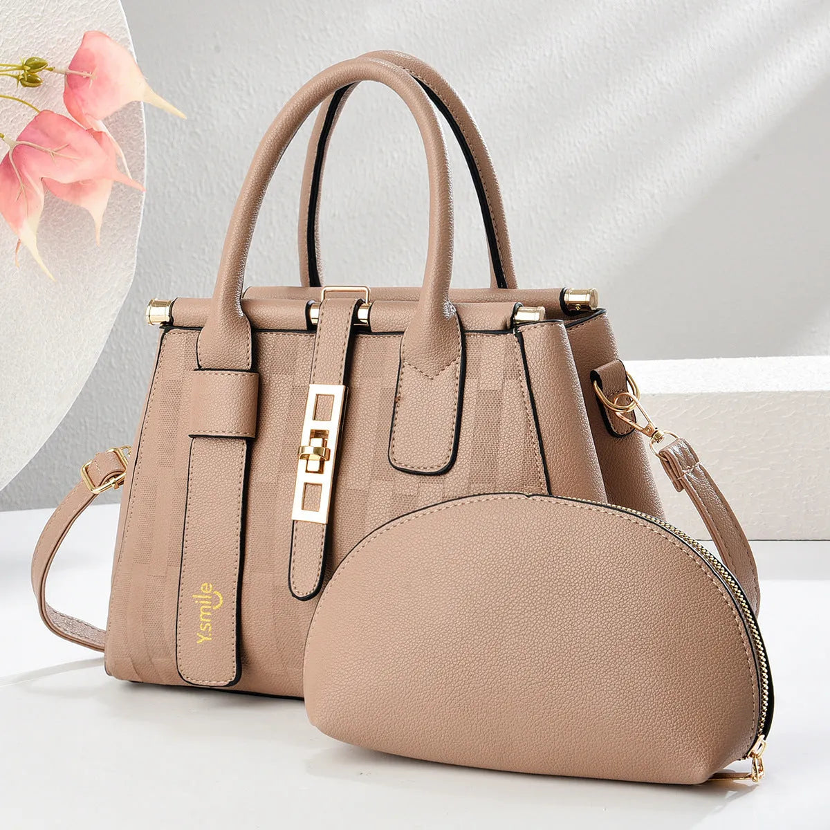 Round black PU leather crossbody handbag with adjustable shoulder strap showing interior and dimensions