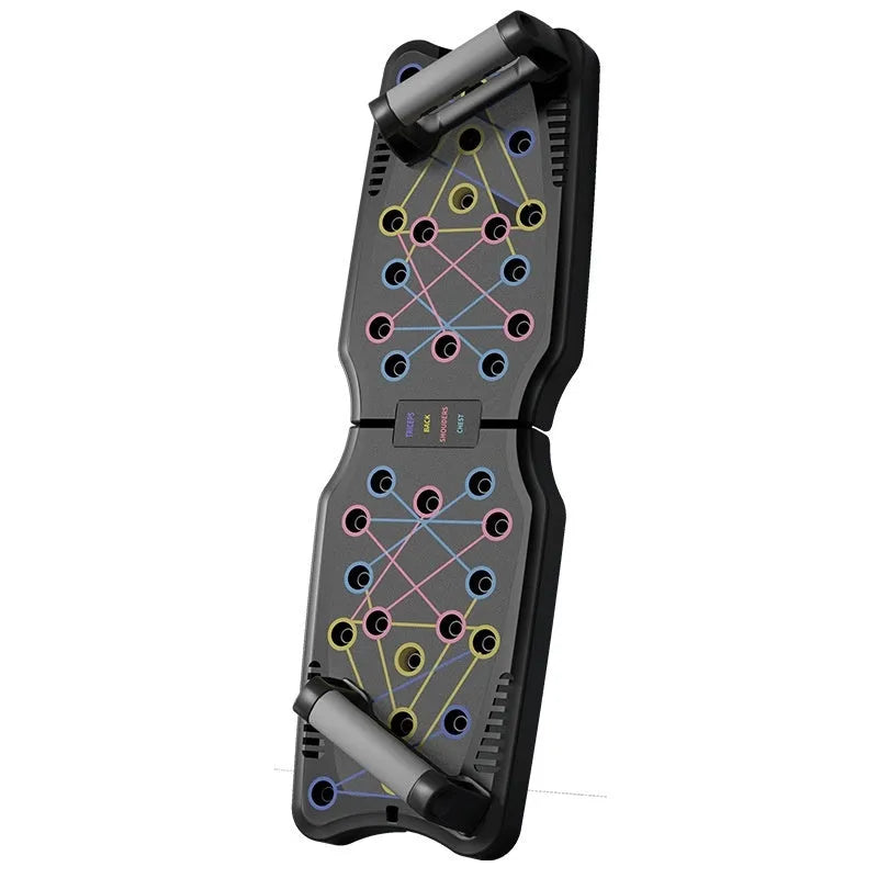Set of black ABS plastic push up support plates on a floor, fitness equipment for chest and arm training.