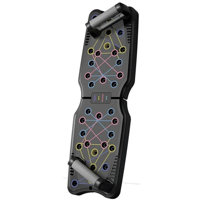 Set of black ABS plastic push up support plates on a floor, fitness equipment for chest and arm training.
