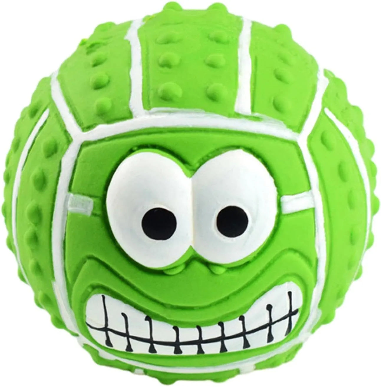 Green, orange, and yellow latex dog balls with smile face designs for chewing and play