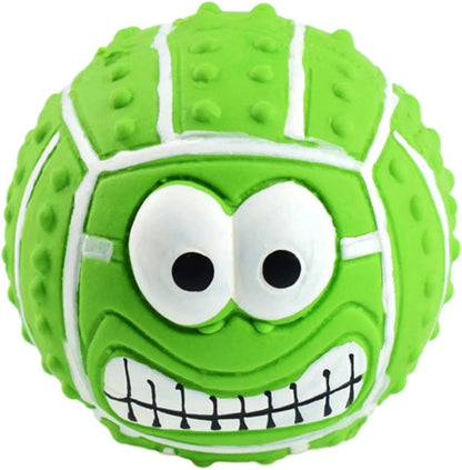 Green, orange, and yellow latex dog balls with smile face designs for chewing and play