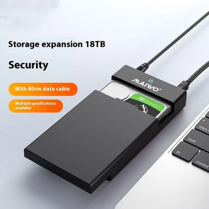 Black and silver 3.5-inch SATA hard disk enclosure with slide-open cover, USB 3.0 cable, and power adapter.