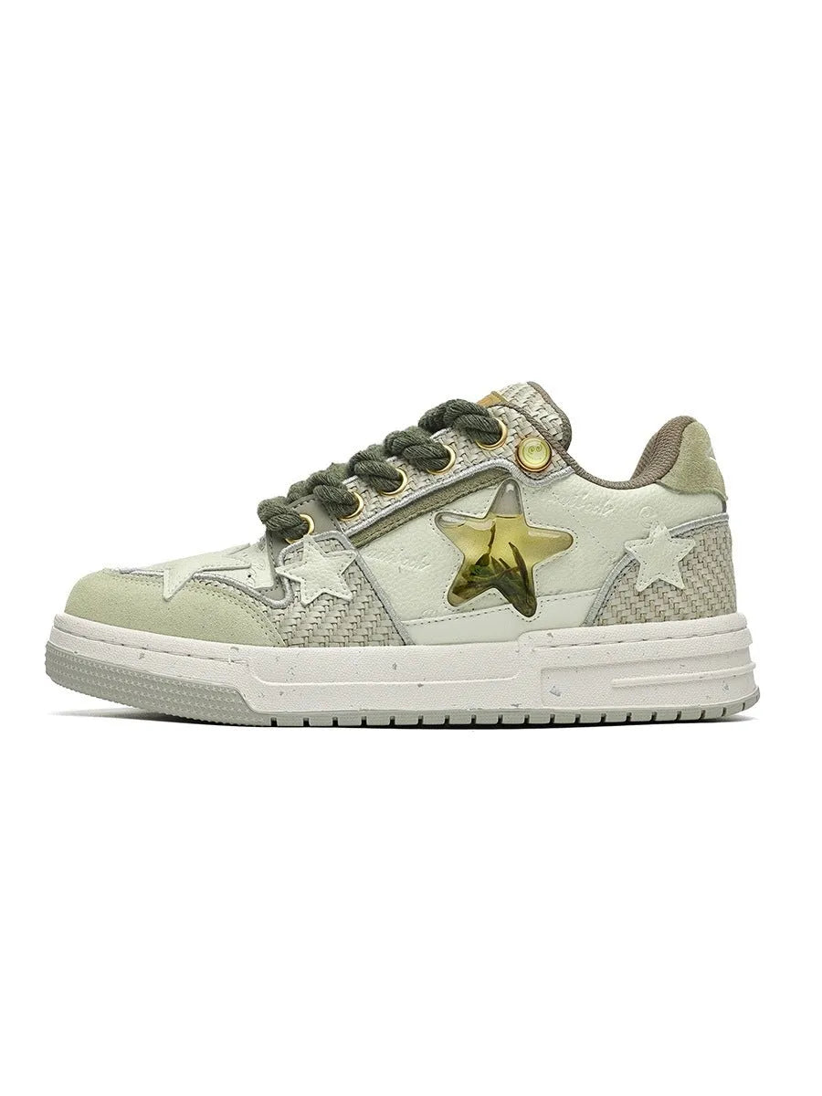 Cowhide leather platform running shoes in tea colour with lace-up front and rubber sole.