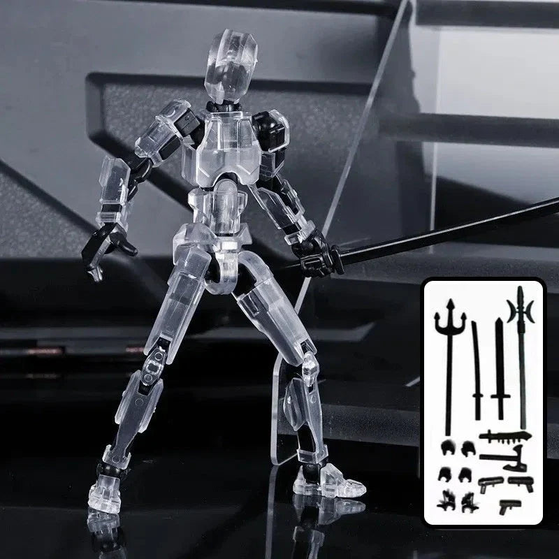 Highly posable 3D printed robot mannequin toy with interchangeable accessories, including wings and weapons