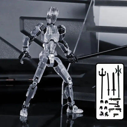Highly posable 3D printed robot mannequin toy with interchangeable accessories, including wings and weapons